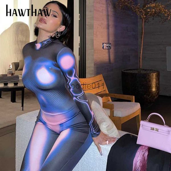 Combinaisons pour femmes Barboteuses Hawthaw Femmes Automne À Manches Longues Imprimé Moulante Une Pièce Combinaison Globale 2021 Automne Gros Vêtements Streetwear Dropshipping L230926