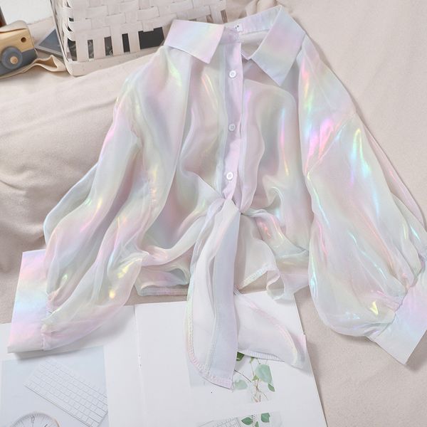 Combinaisons pour femmes Barboteuses HELIAR Chemisier En Mousseline De Soie Printemps Femmes À Manches Longues Élégant Étincelle Tops Femmes Casual Sexy Transparent Chemises Boutonnées Pour Les Femmes 221123