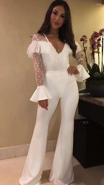 Jumpsuits femeninos Rompers de alta calidad White Long Manga Codycon Rayon vendaje Moda elegante