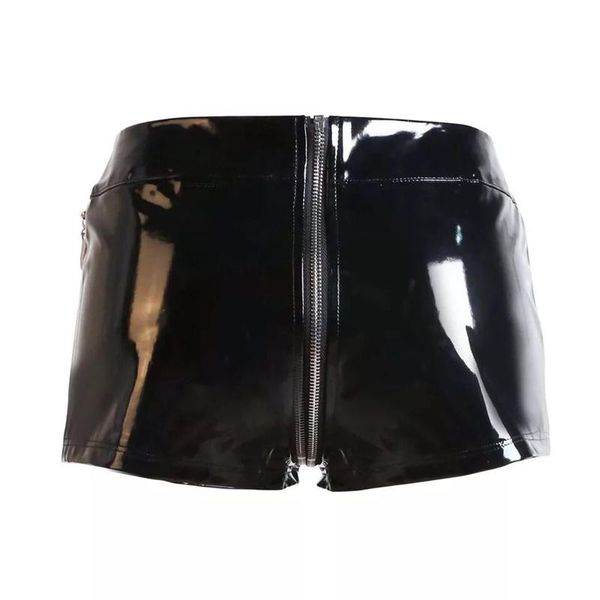 Combinaisons pour femmes Barboteuses Haute Qualité Femmes Shorts En Cuir Noir Brillant Fermeture Éclair Avant Entrejambe Pantalon Sexy Disco Clubwear M7275Femmes