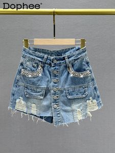 Combinaisons pour femmes Barboteuses High Street Ripped Denim Shorts Culotte Femmes Été 2023 Taille Lâche Minceur Diamant Une Ligne Jupe Bleu Jeans 230713