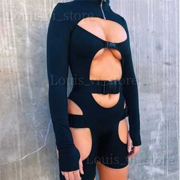 Women's Jumpsuits Rompertjes Hirigin Dames Bodycon Gesp Uitgesneden Biker Rompertjes Sexy Lange Mouwen Uitgehold Clubwear Romper Een Stuk Korte Jumpsuit Broek T240227