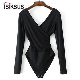 Monos de mujer Mamelucos isiksus Negro Verano Sexy Body Mujer Manga larga Sin espalda Blanco Cuello en V Corto Entrepierna abierta para JS027 230914