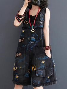 Combinaisons pour femmes Barboteuses Salopette en jean taille haute japonaise Lettre pour femme Graffiti Impression Pantalon large à cinq points XL Salopette décontractée ample Été 230615
