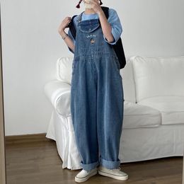 Jumpsuits voor dames rompreren Japanse losse schattige jumpsuits vrouwen cartoon borduurwerk oversized denim overalls vrouwelijk gebufferde wijd been broek 230223