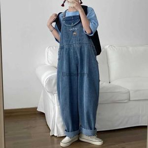 Women's Jumpsuits Barboteuses japonaises amples combinaisons mignonnes femmes nouveau dessin animé broderie surdimensionné Denim salopette Fe revers jambe large pantalonL231005