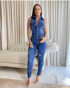 Combinaisons pour femmes Barboteuses Jeans Stretch Salopette Boutons Femme Turn Down Skinny Blue Denim Casual Jumpsuit Barboteuses J230629