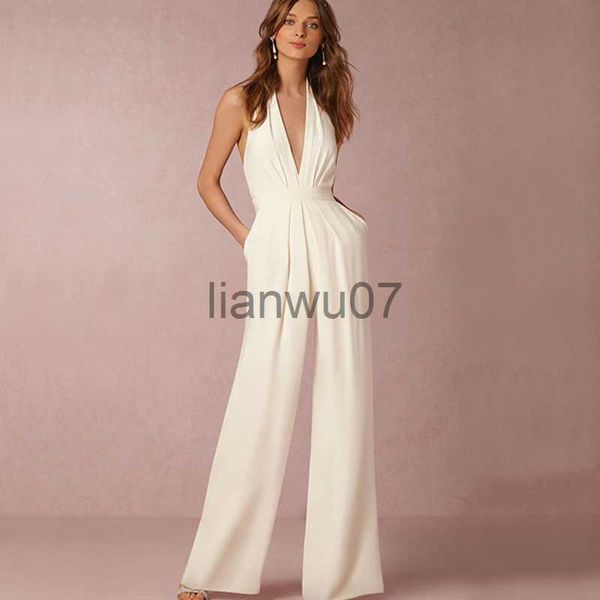 Combinaisons pour femmes Barboteuses Combinaison Femme 2022 Sexy Polyester Blanc Dos Nu Pantalon Large Vêtements Sans Manches Élégant Femme Salopette D'été Barboteuses J230629