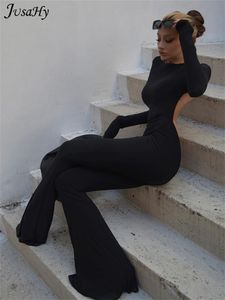Combinaisons pour femmes Barboteuses JuSaHy Summer Y2K Solid Black Basic Body pour femmes Mode Manches longues Halter Backless Flare Pants Simple Casual Streetwear 230223