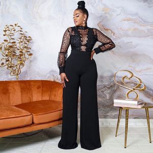 Dames Jumpsuits Rompertjes KEXU Zwart Kant Doorzichtig Mesh Patchwork Pailletten Gehaakte Vrouwen Jumpsuits Herfst Mode Wijde Pijpen Romers Sexy Party Clubwear 230717