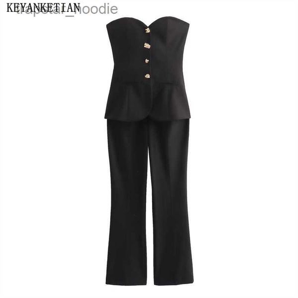 KEYANKETIAN nouvel été femmes deux pièces Wrap combinaison élégant boutons dorés décoré coupe ajustée combinaison pantalon évasé pantalon L230921