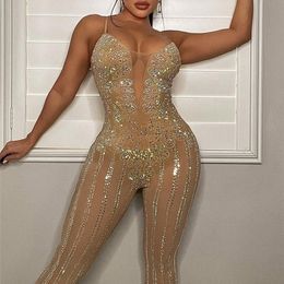Dames Jumpsuits Rompertjes Kricesseen Sexy Crystal Sheer Skinny Jumpsuits Dames Strap Mesh Patchwork s Rompertjes Nacht Clubwear Outfits 230323