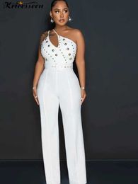 Dames Jumpsuits Rompertjes Kricesseen Sexy Wit Kristal Wijde Benen Broek Jumpsuit Met Riemen Dames Mouwloos Eén Schouder Een Stuk Romper Clubwear OutfitsL231017