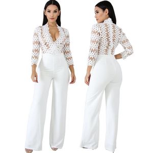 Combinaisons pour femmes Barboteuses Dentelle Crochet Patchwork Lâche Combinaison Solide Blanc Femmes Sexy Col V 3/4 Manches Taille Haute Maigre Dos Fermeture Éclair Wid