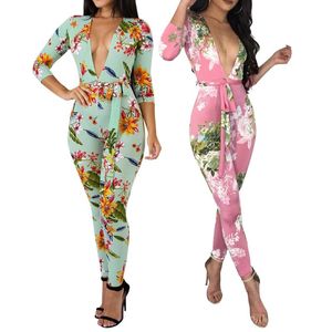 Combinaisons pour femmes barboteuses dames moulante combinaison élégante pour les femmes Floral body longue Boho F0010 col en V profond avec ceinture pour femmes