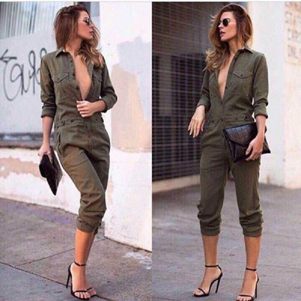 Monos de mujer, mamelucos sexis para mujer, mameluco Vintage, pantalones largos, mono ajustado ajustado con manga verde militar, carga informal sólida