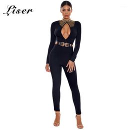 Dames Jumpsuits Rompertjes Liser 2021 Zomer Dames Turtleneck Kralen Jumpuits Sexy Bodycon Elegante Celebrity Party Black Jumpsuit Vestidos