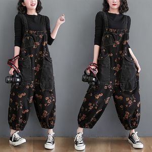 Monos de mujer Mamelucos Jeans sueltos Mono negro Mujer Casual Oversized Baggy Ladies Pantalones Bolsillos grandes Estampado floral Overol de mezclilla Correas Jean Rompers 221123