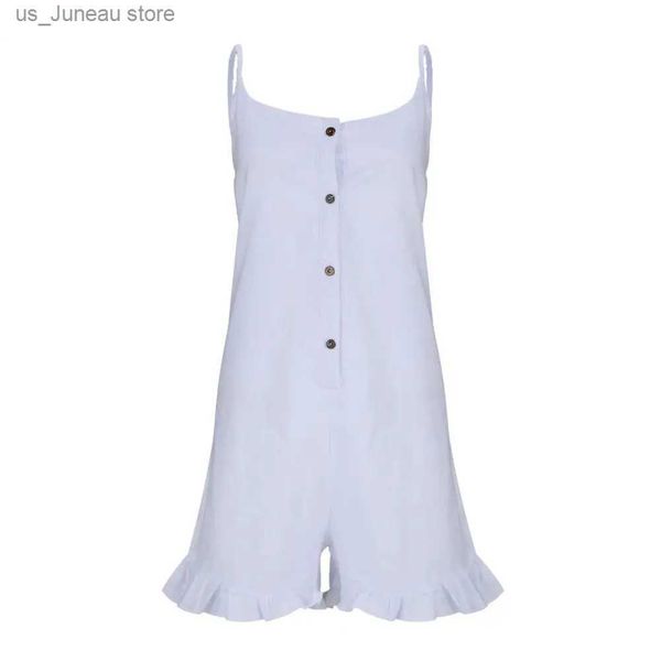 Jumpsuits femeninos Rompers de cuello bajo botón de color sólido Sling Playsuit Medio tapa ancha de la pierna con rufa de verano Mujeres 1 T240415