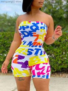 Jumpsuits voor dames rompers lw multi-colour strapless bodysuits van de schouderbrief print romper boho sexy stretch y2k one stuk zomer t230504