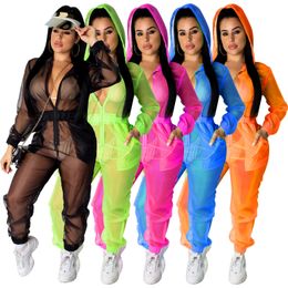 Combinaisons pour femmes Barboteuses Combinaison en maille Noir Vert Bleu Orange Combinaison à capuche Sheer See Through Jumpsuit Bodycon Party Club Outfits Mono Mujer 230615