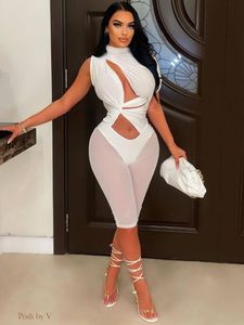 Jumpsuits voor dames rompers mesh paneel geplooide jumpsuit vrouwen sexy uitgesneden bodycon mouwloze turtleneck romper 2022 zomer feest strandkleding