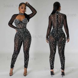 Dames jumpsuits Rompertjes Mesh strass jumpsuits Club Party Luxe rompertjes Sexy dames playsuit bodysuits Bodycon jumpsuit Zwarte club bodysuits T231215