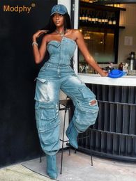 Dames Jumpsuits Rompertjes Modphy 2023 Strapless Multi-Pocket Geperforeerde Taille Slanke Pittige Meisjesstijl Beha Wijde Pijpen Denim Jumpsuit Vrouwelijke Streetwear 231201