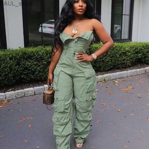 Women's Jumpsuits Rompers Multi Pockets Cargo Jumpsuits Women Sexy Buttons Strapless Backless Casual Streetwear Overalls Straight Pants Fashion RompersL231212