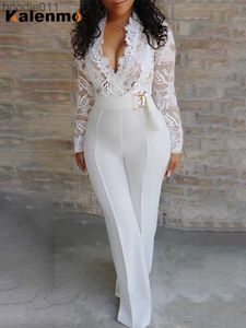 Women's Jumpsuits Rompers New In Jumpsuit Women White Overalls Party Lace Rompers Bodysuit One Piece Long Sleeve V-neck Long Pants Y2k Elegant Spring Work L230926
