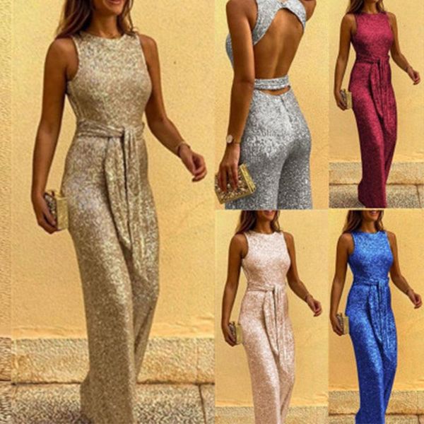 Combinaisons pour femmes Barboteuses Office Lady Sexy Sans Manches Sequin Romper Jumpsuit Femmes Dos Nu Long Pantalon Club Glitter Playsuits Élégant Shin