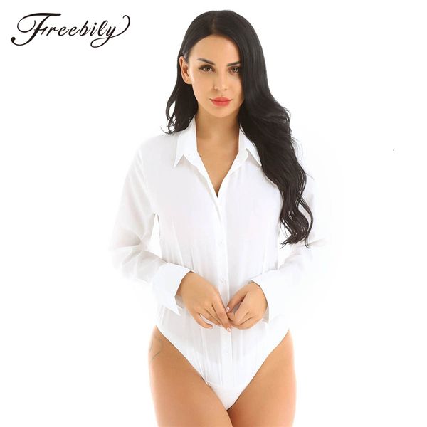 Jumpsuits de mujeres Rompers Office Lady Work Bodysuit White Woman Manga larga Ol Camisa Ropa de cuello