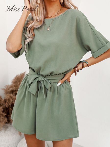 Jumpsuits femeninos Rompers Olive Green Belte Boat Bird Rompper para mujeres Manga corta Sexy Playsuit de primavera de primavera verano Bodysuit 230504