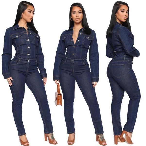 Combinaisons pour femmes barboteuses grandes tailles hiver jean combinaison Sexy femmes à manches longues moulante décontracté Denim salopette 3077