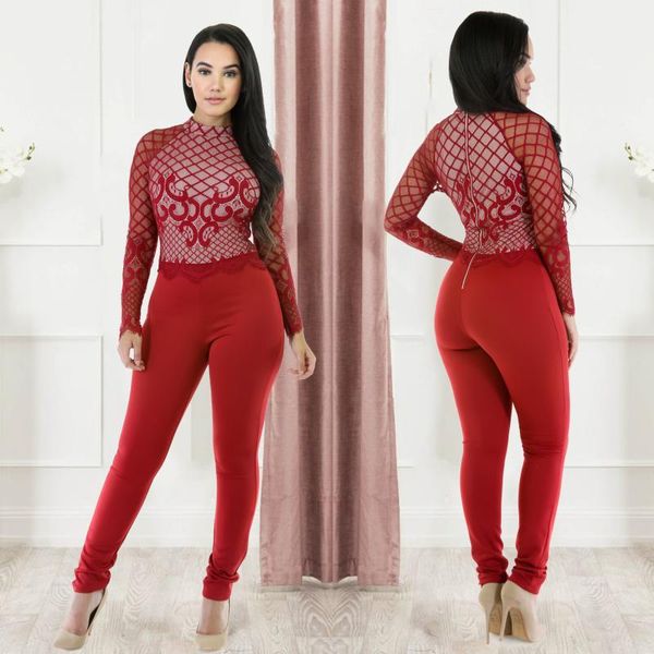 Monos de mujer Mamelucos Rojo Oficina Dama Elegante Mujer Manga larga Malla Encaje Patchwork Mock Neck Bodycon Mono de una pieza Work Out Outf