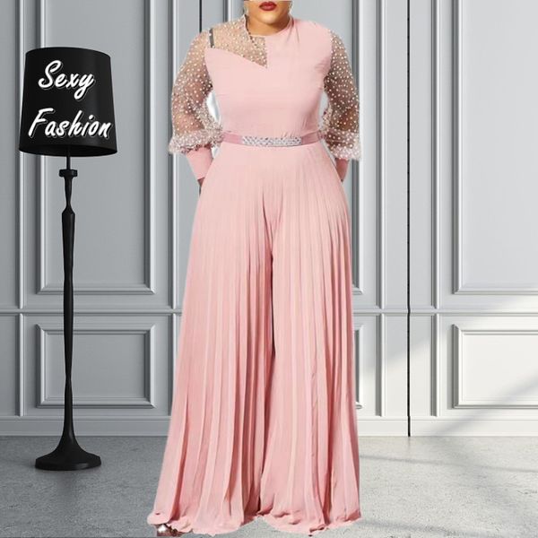 Combinaisons pour femmes barboteuses S-5xl automne rose mode grande taille ultra-mince plissé à manches longues vêtements élégants vente en gros directe 230425