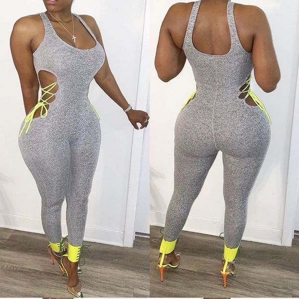 Monos de mujer mamelucos sexy vendaje mujeres sin mangas corte bajo encaje bodycon color sólido fitness gimnasio deportes leotardo streetwear clubwear 221123