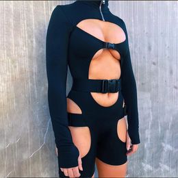 Jumpsuits voor dames rompers sexy lange mouwen uitgehouwen uit elkaar slijtage bodysuit een stuk korte jumpsuitbroek