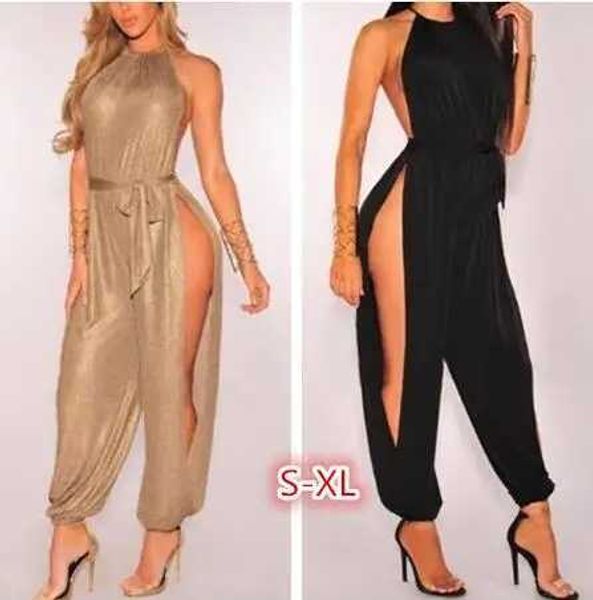 Combinaisons pour femmes Rompers Sexy New Slit Lignet Harem Jumps Curchs Rompers Women Gold Lace Up Slveless Sucrst Sautpuise Clubwear T240510