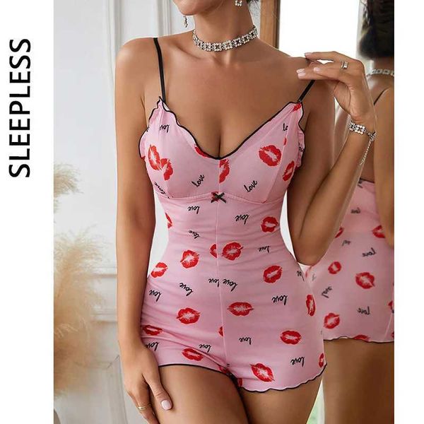 Combinaisons pour femmes Roupers pyjamas en une seule pièce sexy pour femmes Red Lip Imprimé Bodycon Slpwear confortable Milk Silk Vêtements de maison V Ruffles de cou Pyjama Set T240523