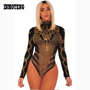 Combinaisons pour femmes Barboteuses Sexy Barboteuses Femmes Bodycon Clubwear Noir Or Strass Faux Bustier Maille Col Roulé Manches Longues Skinny Body Automne 230920