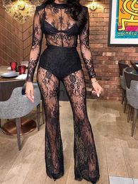 Vrouwen Jumpsuits Rompertjes Sexy See Through Hallow Out Lace Jumpsuit Vrouwen Lange Mouwen Skinny Party Club Een Stuk Jumpsuits J230629