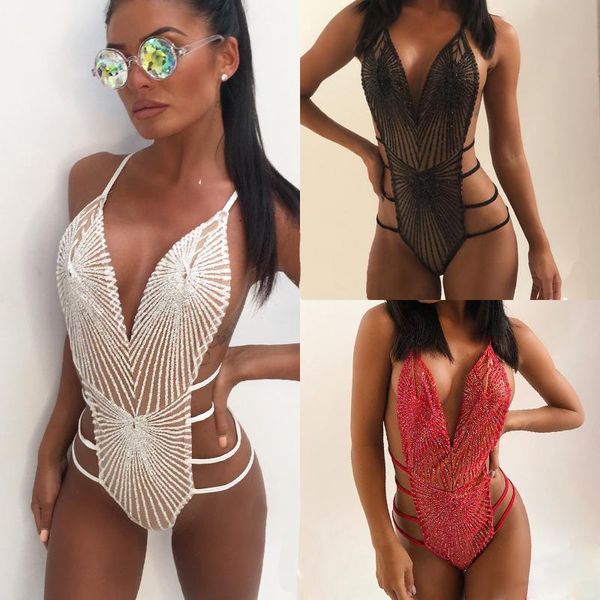 Combinaisons pour femmes barboteuses Sexy paillettes combinaison 2023 femmes col en V profond évider sans manches femmes une pièce costume vêtements Clubwear