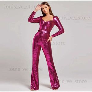 Women's Jumpsuits Rompers Sexy paillettes femmes combinaison 2023 automne hiver paillettes mince à manches longues femme body fête Club Flare pantalon dames barboteuses T231215