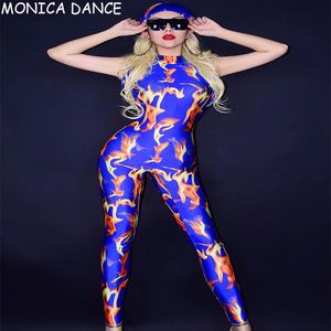 Combinaisons pour femmes Barboteuses Sexy Stage Flame Pattern Sans Manches Bleu Spandex Jumpsuit Femmes Dancer Bar Outfit Cosplay Show Wear Prom Leggings 230625