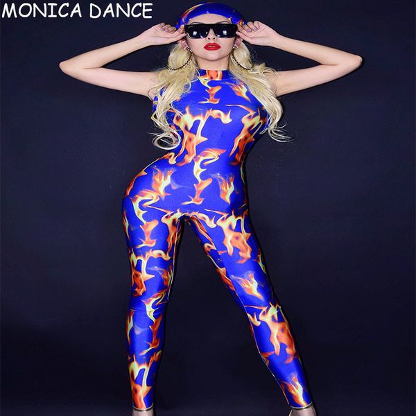 Monos de mujer Mamelucos Sexy Escenario Patrón de llama Sin mangas Azul Spandex Mono Mujer Bailarina Bar Traje Cosplay Show Wear Prom Leggings 230625