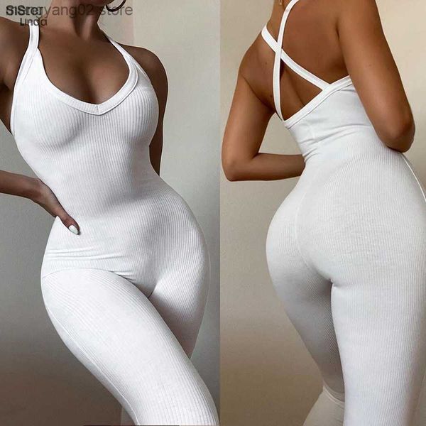 Combinaisons pour femmes Barboteuses Sexy Strap Y2K Combinaisons Femmes Casual Sport Tricot Skinny Stretchy Dos Nu Criss Cross Salopette Streetwear Outfit T230504