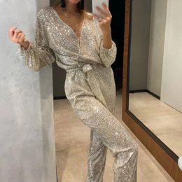 Dames Jumpsuits Rompertjes Sexy V-hals Glitter Pailletten Glanzende Dames Lente Lace-up Slanke Rechte Playsuit Herfst Lange Mouw Feestoveralls 231218