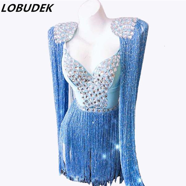 Combinaisons pour femmes Barboteuses Sexy Col V Rose Bleu Fringes Epaulet Body DJ Singer Discothèque Costume Élastique Glands Catsuit Femmes Stage Wear 221115