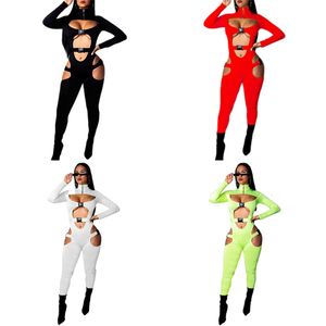 Jumpsuits voor dames rompers sexy dames bodycon jumpsuit stevige kleur overalls lange mouwen rompreren bodysuits hoge nek holle out biker short clubkleding 230210 230210